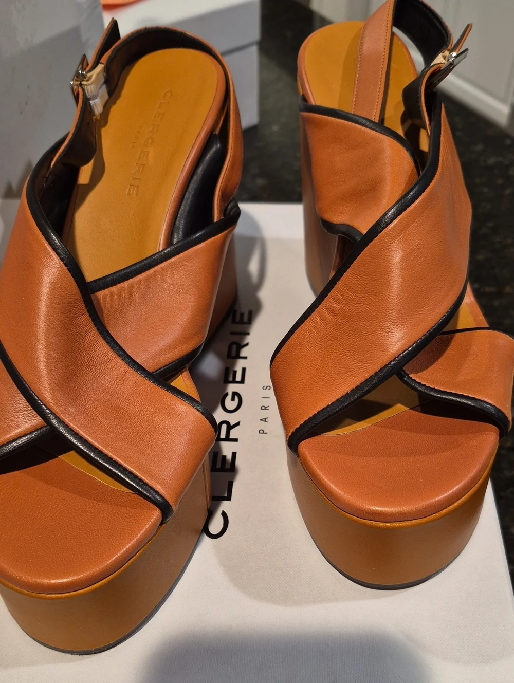 Robert Clergerie Cognac and Black Leather Platform Wedge Sandals